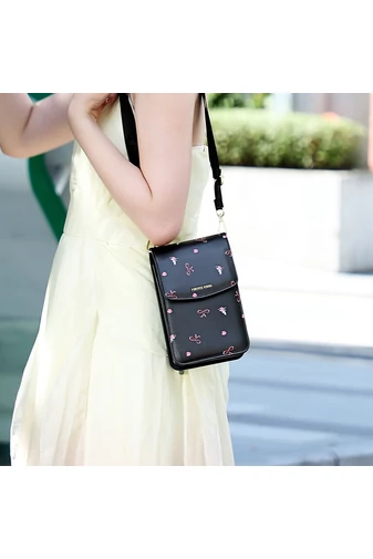 Mini Crossbody Kabelka z PU Kože s Kvetinovým Vzorom, Bonluo, Čierna 19,5×13×5cm