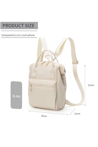 Mini batoh a kabelka 2v1 cez rameno z vodeodolného polyesteru s viacerými priehradkami, béžová 22×14×11cm