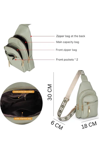 Crossbody Dámska Kabelka s Viacerými Priehradkami z PU kože, Mätovo Zelená 30×18×6cm