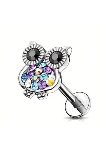Piercing do ucha so vzorom sovy z chirurgickej ocele 316L s farebnými kryštálmi