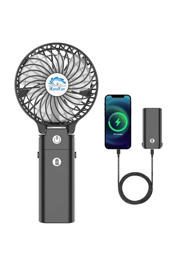 Prenosný Ventilátor Čierny 2v1 USB nabíjacia powerbanka, sklopná o 180°, ideálne na cestovanie