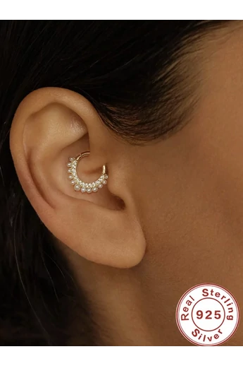 Elegantný piercing z pozláteného striebra 925  zdobený zirkónmi a perlami (1ks)
