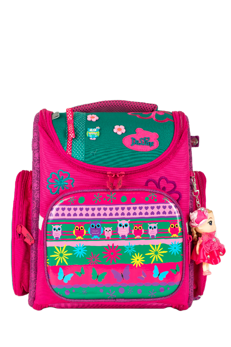 Delune ružový batoh so vzorom motýľa a sovy, rozmery 37x34x15cm