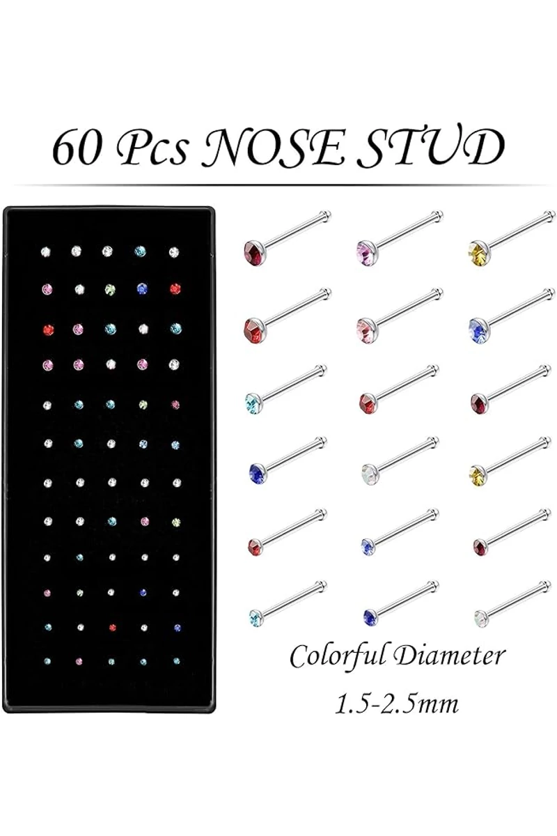 Piercing do nosa farebná chirurgická oceľ 316 L, antialergický (súprava 60ks) 
